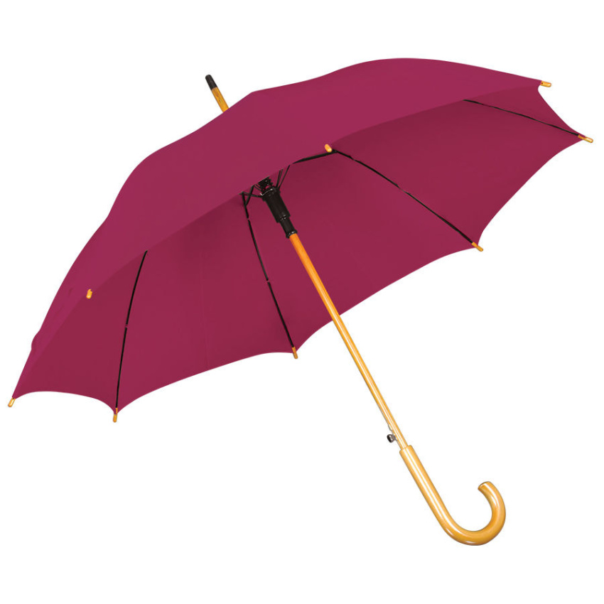 Зонт-трость с деревянной ручкой, полуавтомат, бордовый, D=103 см, L=90см, 100% полиэстер