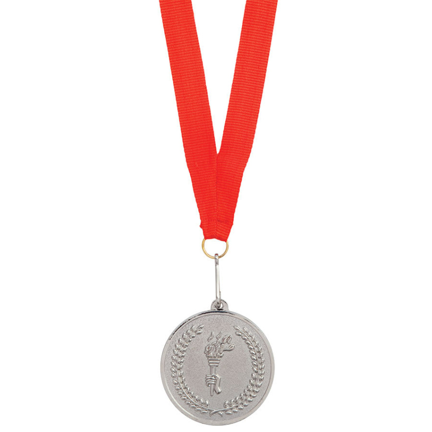 Медаль наградная на ленте  "Серебро", 48 см., D=5см., текстиль, металл, лазерная гравировка, шелкогра