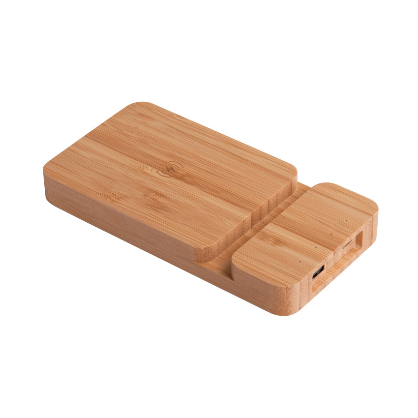 Беспроводное (10W) зарядное устройство "Bamboo Power" 5000 mAh с подставкой под смартфон, бамбук