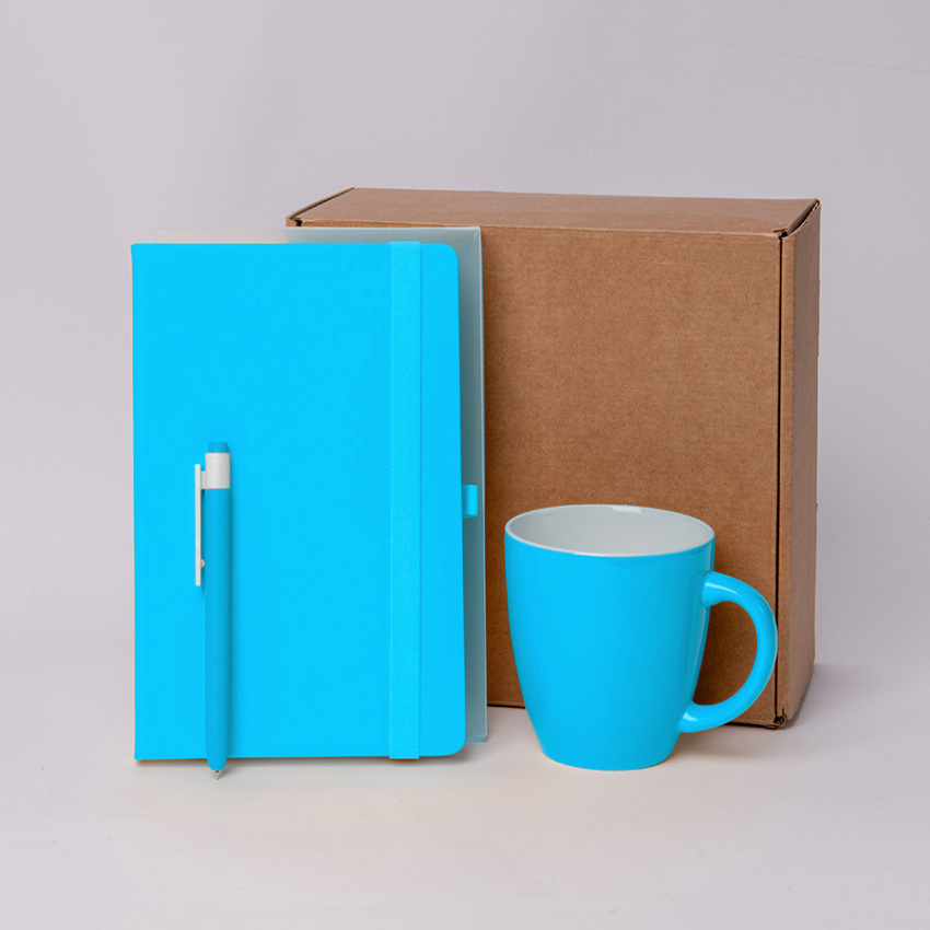 Подарочный набор JOY: блокнот, ручка, кружка, коробка, стружка, голубой