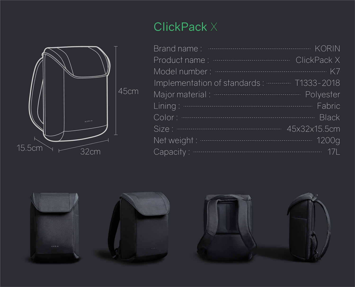Рюкзак KORIN ClickPack X 45х32х15,5 см, с клапаном, черный